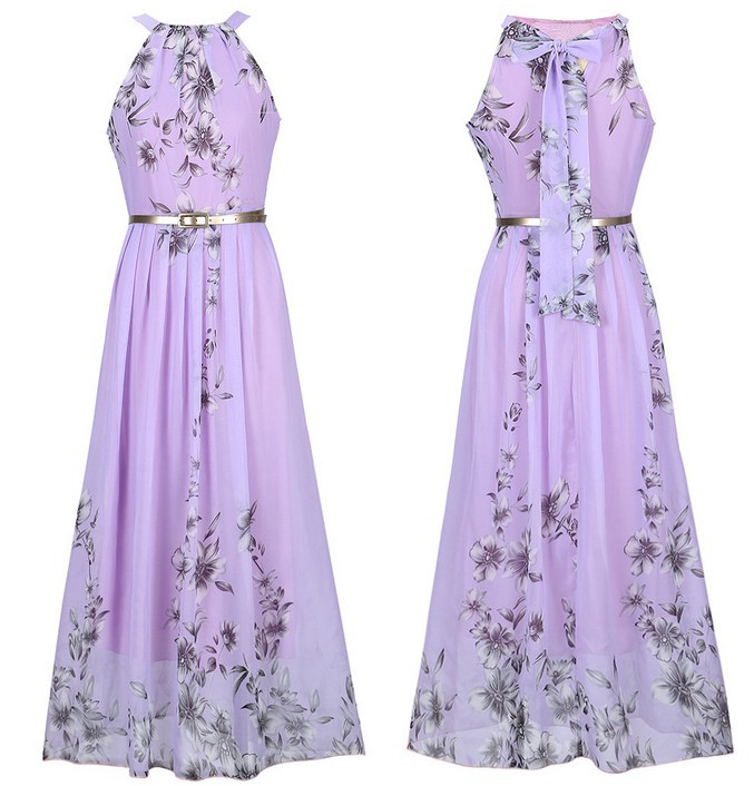 new Summer Bohemia Pleated Long Party Boho Dresses Chiffon Vintage Floral Floral Print Halter Sleeveless Women Dress
