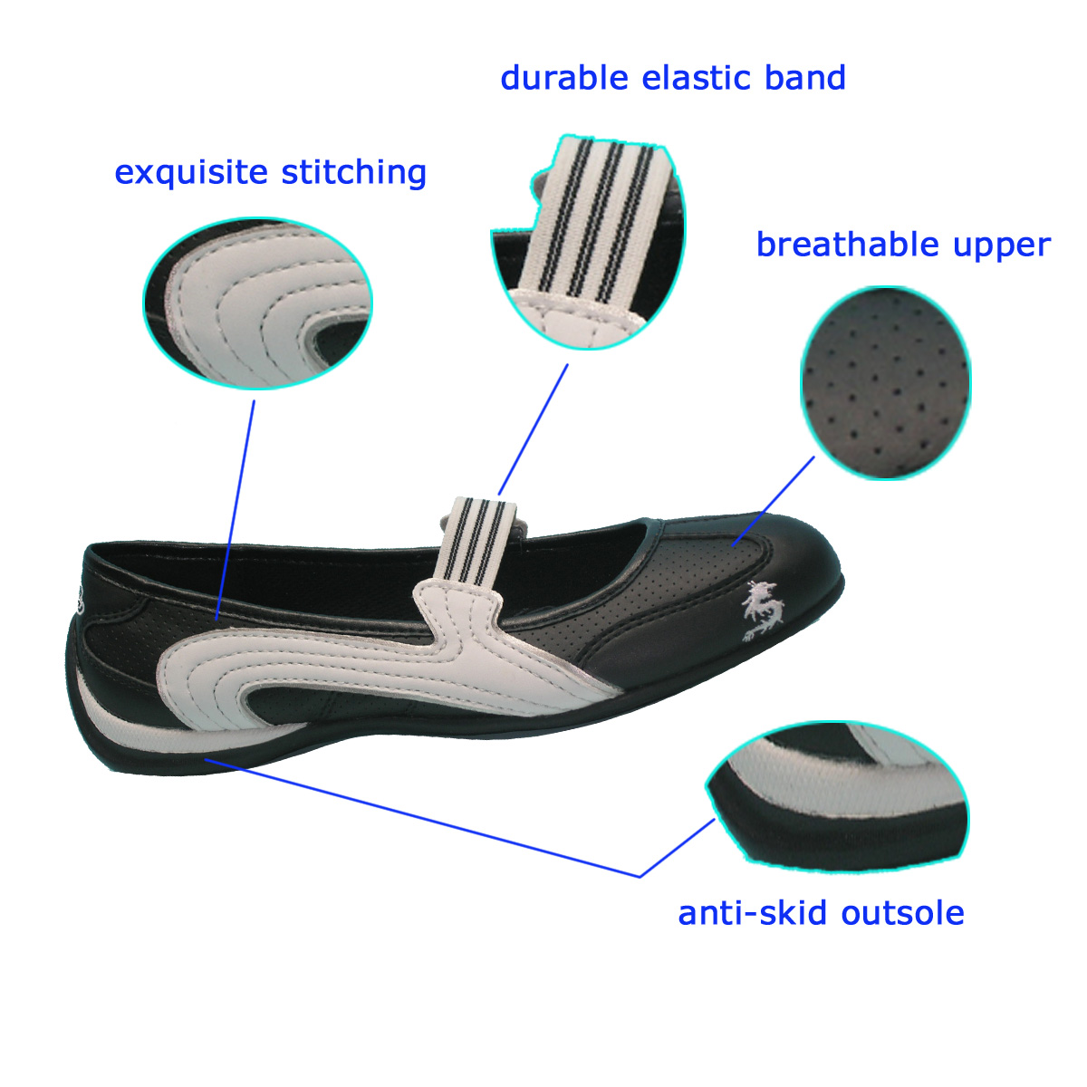 New Woman's Breathable Black&amp;White PU Dance Shoes with High Quality Durable Elastic Band and Anti-skid TPR Outsole of China