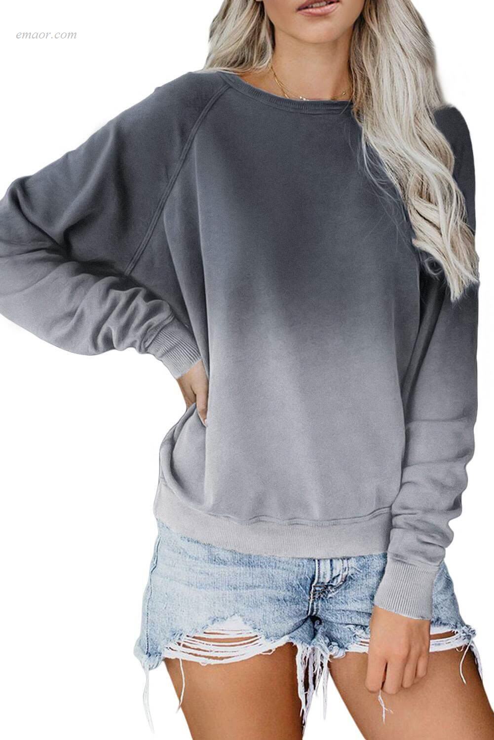 Outerwear Women's Thermal Plaid Thermal Outerwear Ombre Crewneck Long Sleeve Sweatshirt Outerwear