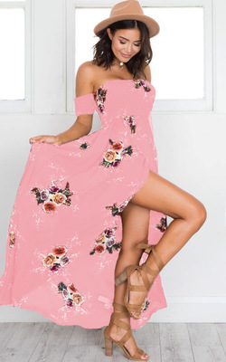 2018Rihanna pink dress on beach Seaside resort beach dress female Europe and America wrapped chest printed dress 