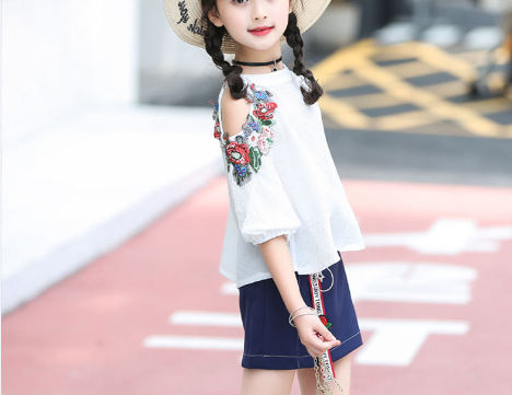 2018 grils new off-shoulder short tops+A-line skirt Korean trend children's suit Summer refreshing skirt suit