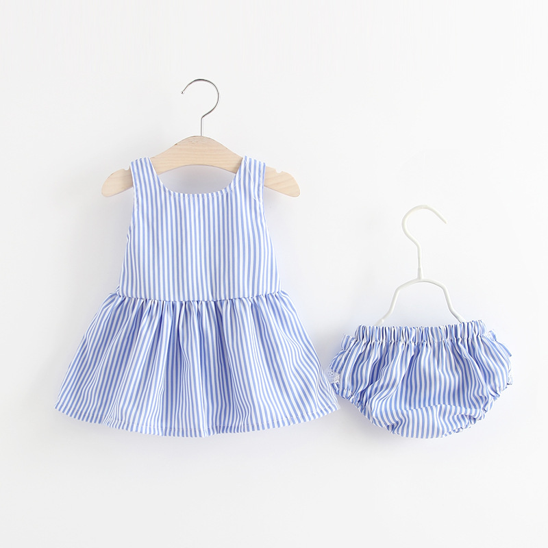 Solid Color Bow Behind Stripe Dresses with Pants 2018 new summer 2 Piece Sets O-Neck Sleeveless Children Clothing Girls Set 