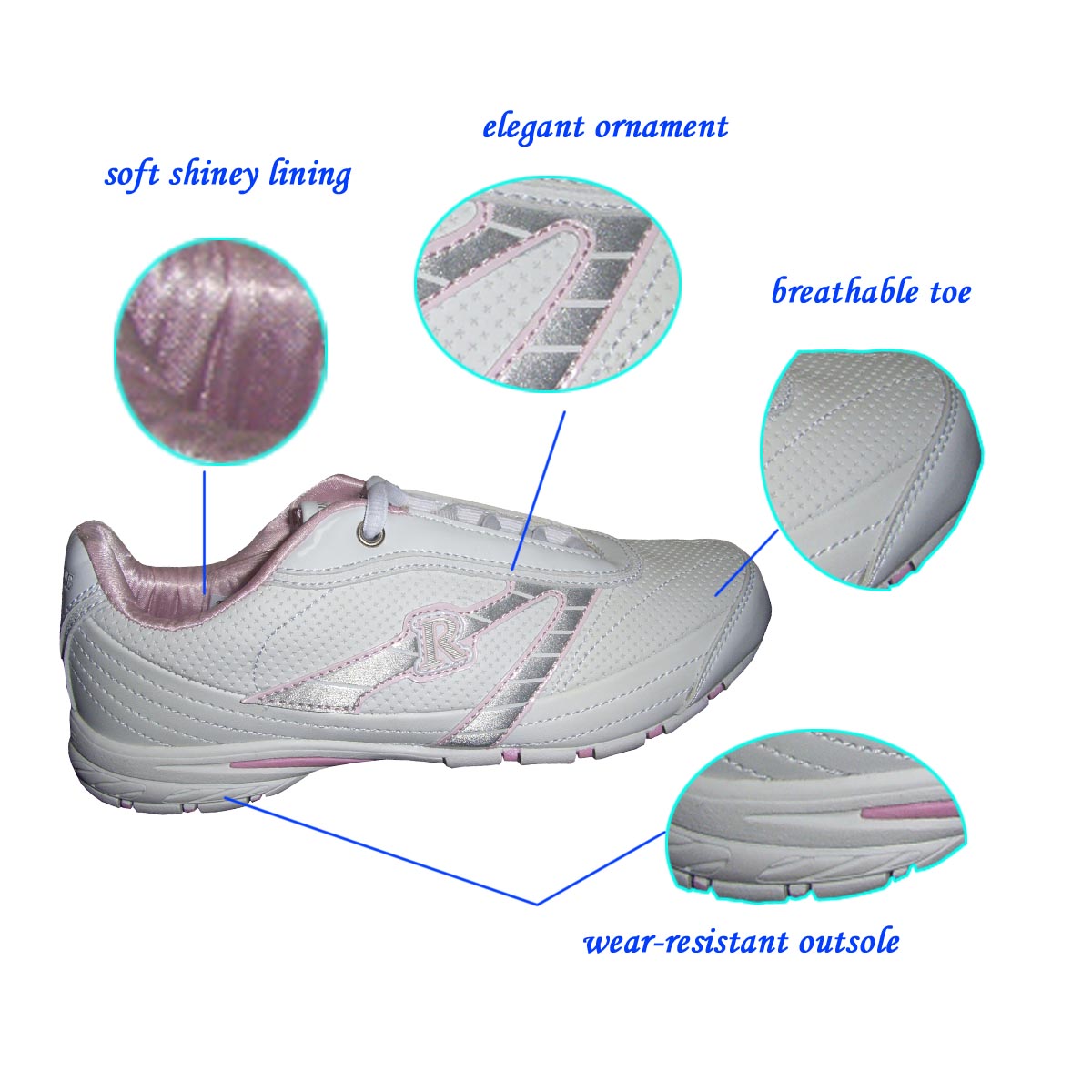 Newest Elegant White PU Sport Running Shoe for Women with Durable Outsole with High Quality Lower Price