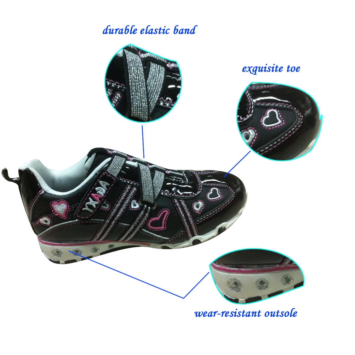 Best Stylish Shining black slip-on Casual leather Shoes with Embroided Heart China supplier