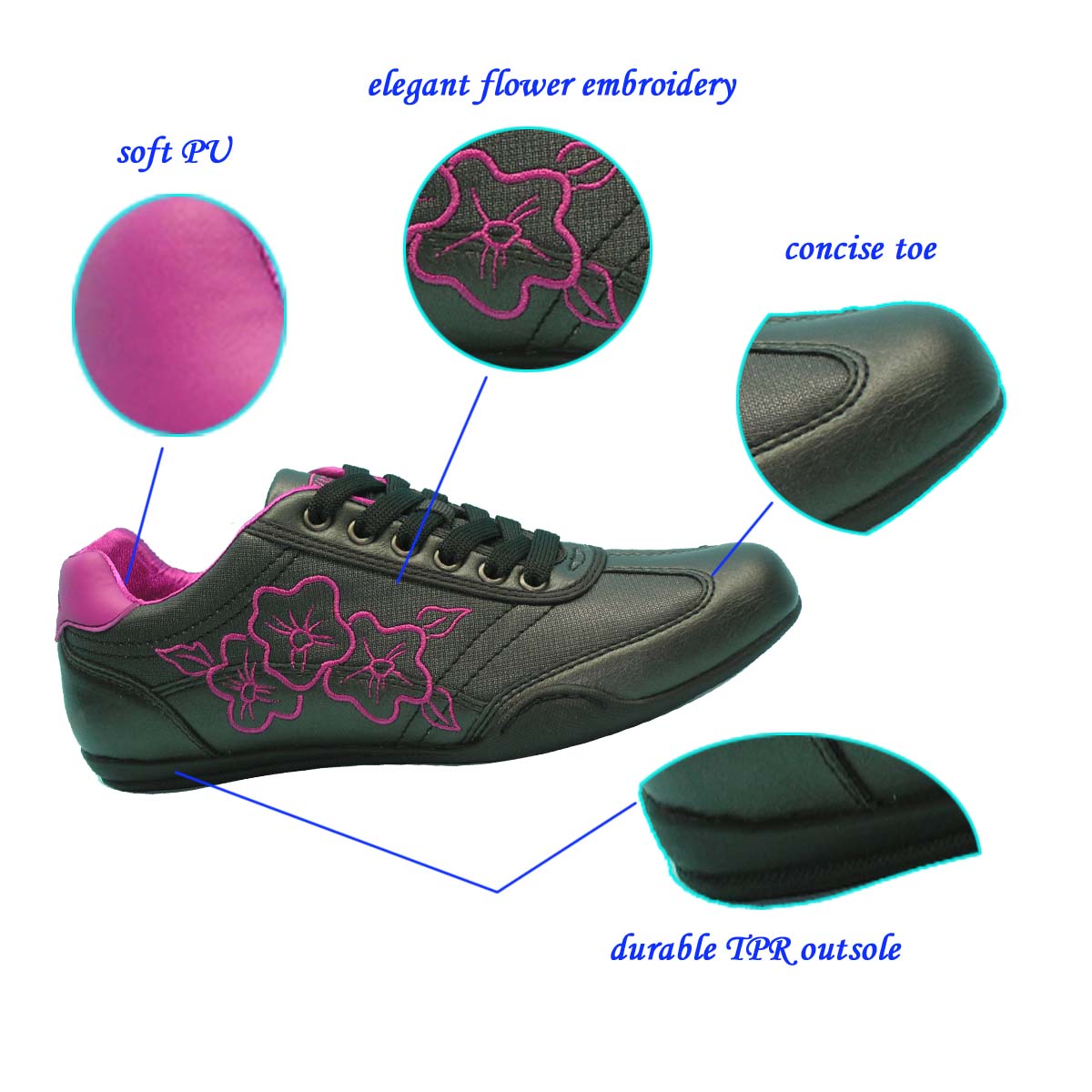 New Product Woman Elegant Black PU Casual Shoes with Vivid Fuchsia Flower Embroidery from China Jinjiang