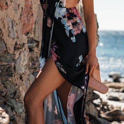 2018 summer new Amazon explosion models sexy beach dress deep V harness chiffon wrap dress Irregular high waist ladies skirt