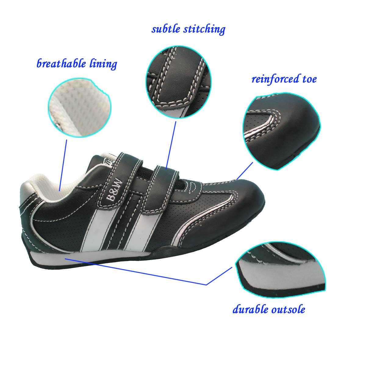 Fashionable Breathable Hasp Kid Black Sport Casual Shoes