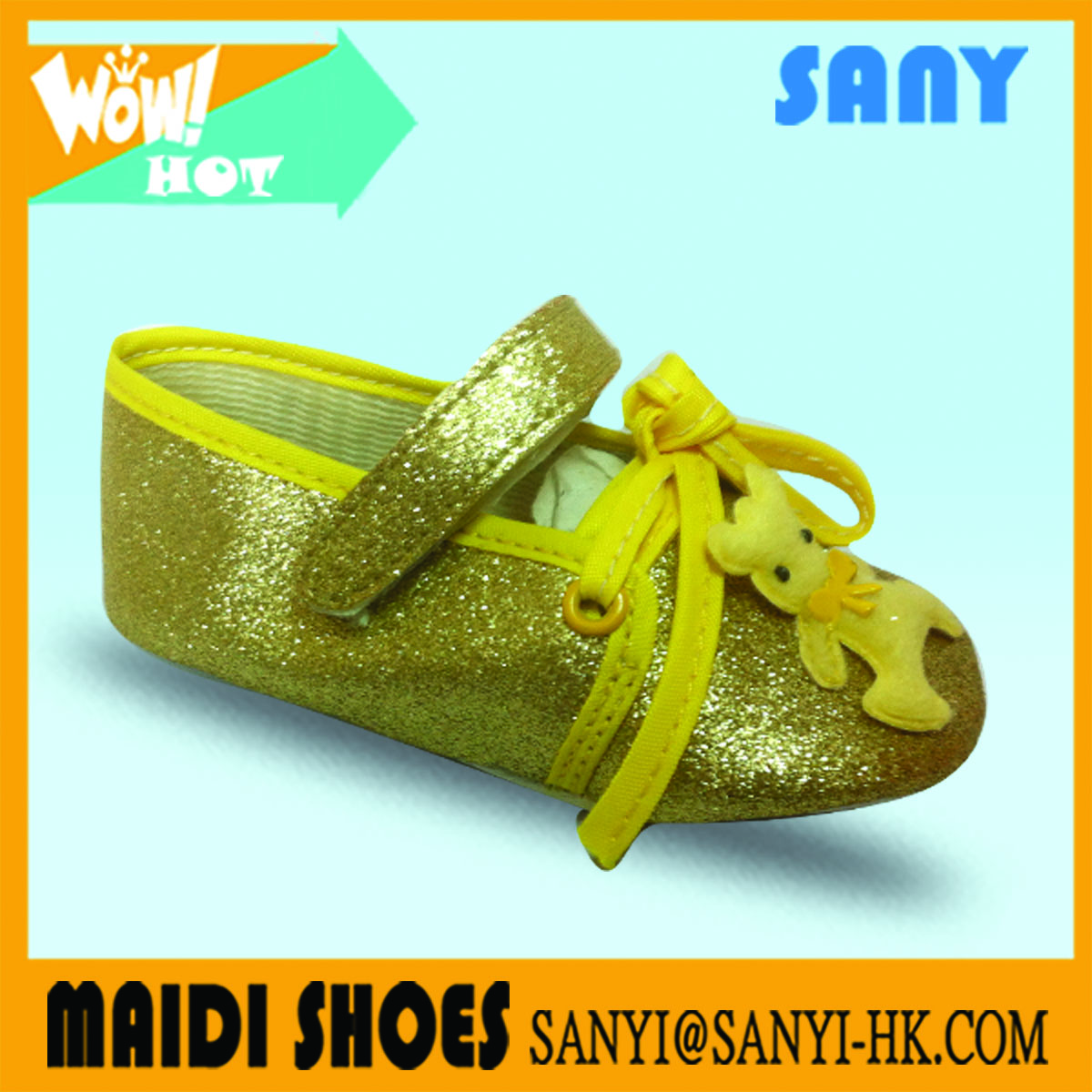 New Style High Quality Shining Yellow Baby Flat Dress Shoes With Lovely Bear Ornament