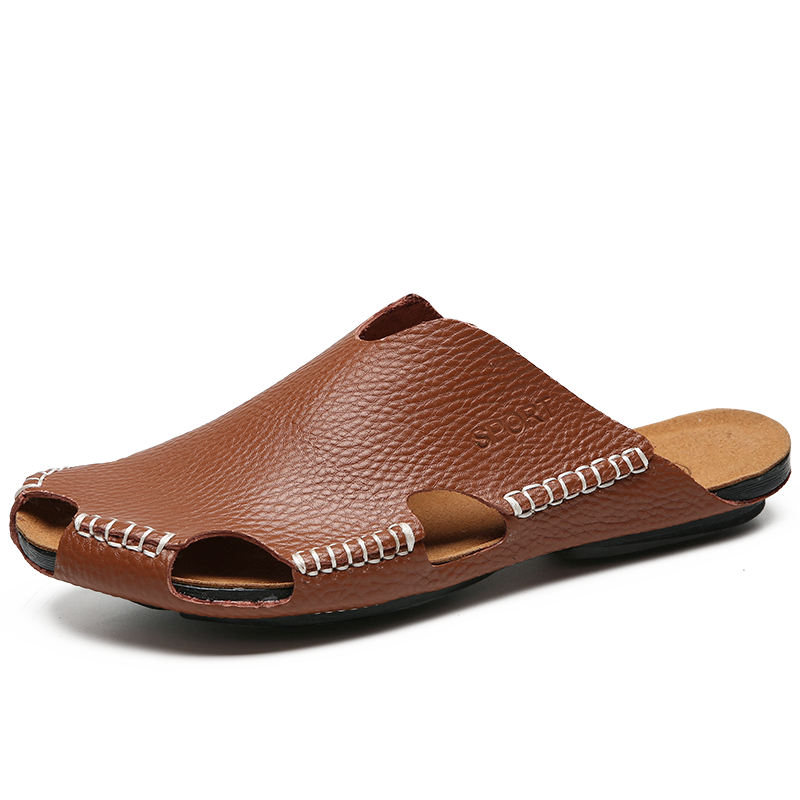British Style Men Casual Shoes 2018 New Leather Fashion Men's Slippers Flat Bottom Anti-Slip Bathroom Home Slippers Handmade Men's Shoes summer Men Beach Sandals 