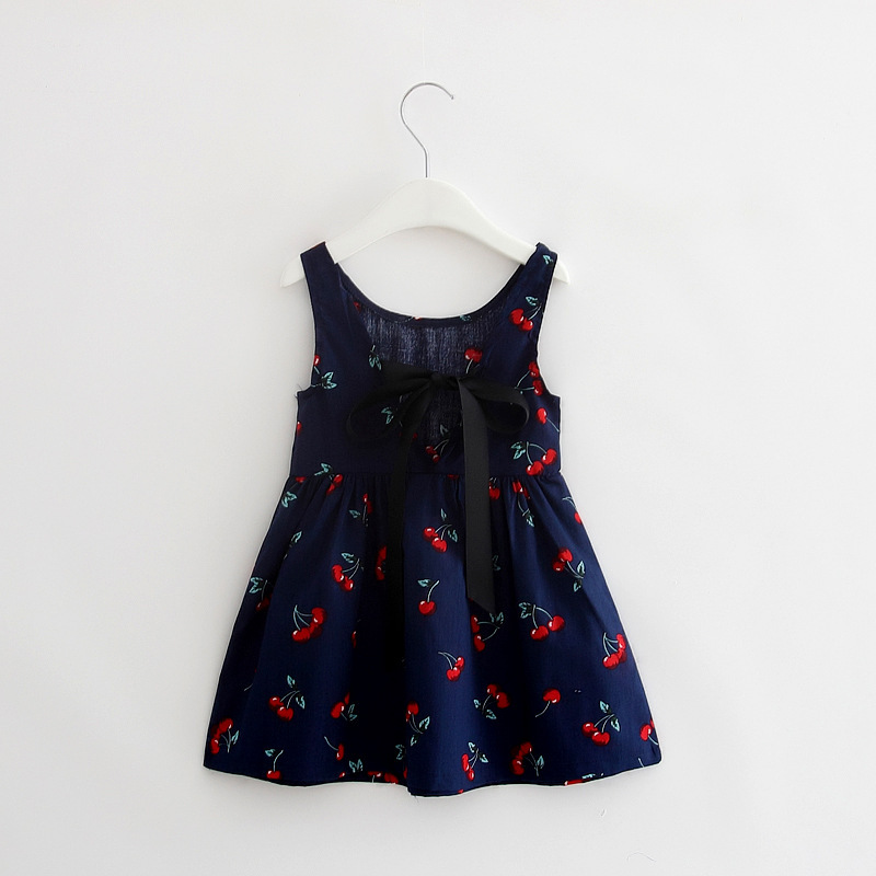 Summer Fashion Girl Cute Cherry Pattern Print Sleeveless Bowknot Leak-Back Bow Tie Pleated Dress For Kids Girls Dresses 2018 new