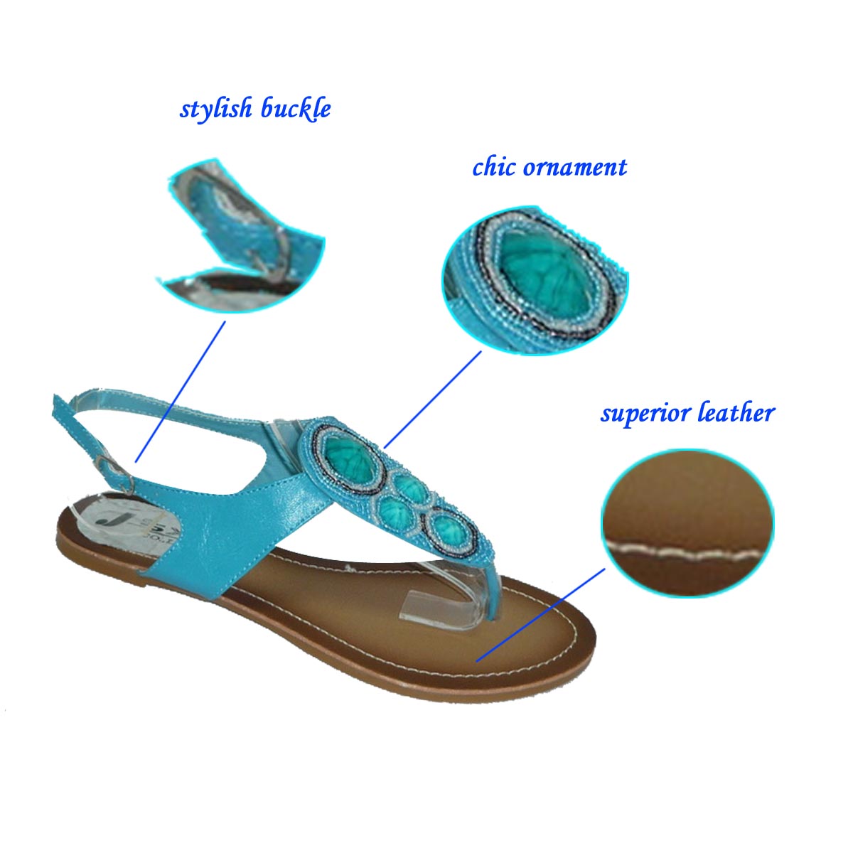 Jinjiang Fujian Stylish Blue PU Flat Sandals of Nations Style for Woman
