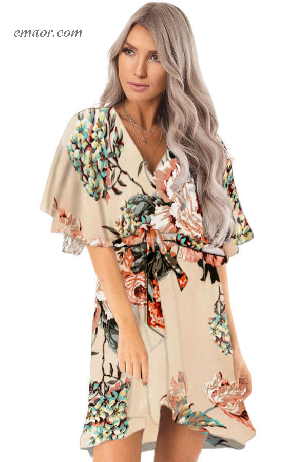  Best Summer Dresses Shop Dress Apricot Floral Print V Neck Wrap Dress with Ruffle Sleeves Cute Summer Dresses Saloni Dress Shop Blue Dress