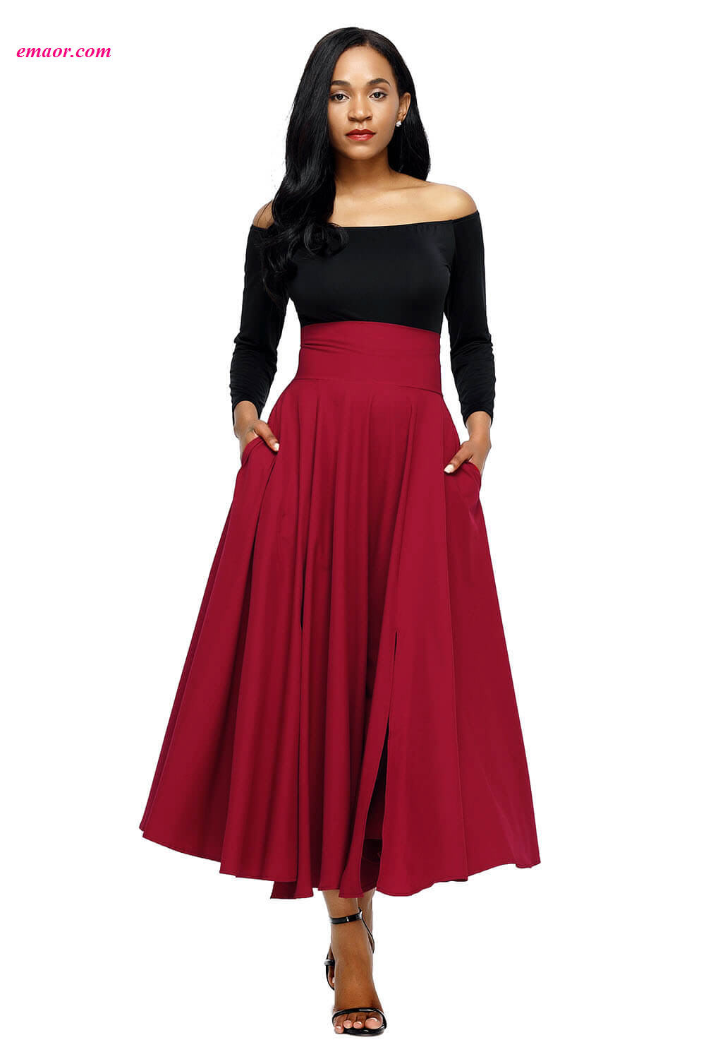  Retro High Waist Pleated Belted Hot Maxi Skirt on Sale