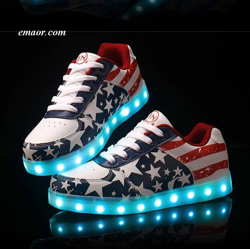 Betsy Ross Flag Tfsland LED Light Up Shoes Glowing USB Charger LED Shoes American Flag Print Walking Shoes Soft Lumineuse Sneakers Flag Flyer Shoes