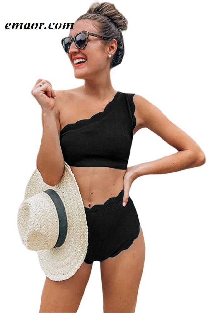 Swimsuit Brand Black High Waist Scalloped Trim One Shoulder Bikini Swimsuit Malaysia Limbo Swimsuit Fail