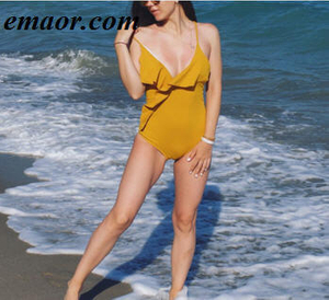 One-piece Swimsuits Yellow Solid Falbala V Neck Ruffle Sexy Monokini Ladies Beach Bathing Suits