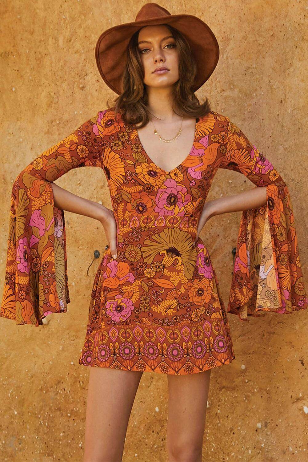  Mid-Calf Print Dress Orange Jupiter Dress Wholesale Floral Dresses