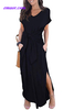 Black Casual Loose Pocket Short Sleeve Split Maxi Dress Ariana Grande Dress Smart Casual Dress Code