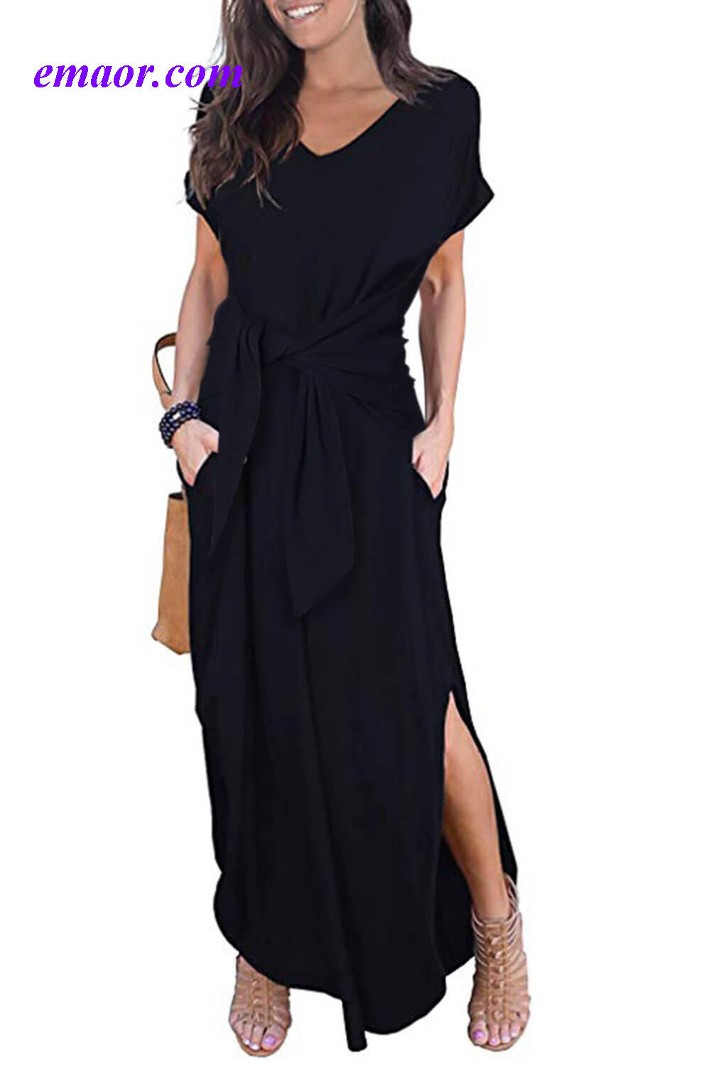 Black Casual Loose Pocket Short Sleeve Split Maxi Dress Ariana Grande Dress Smart Casual Dress Code