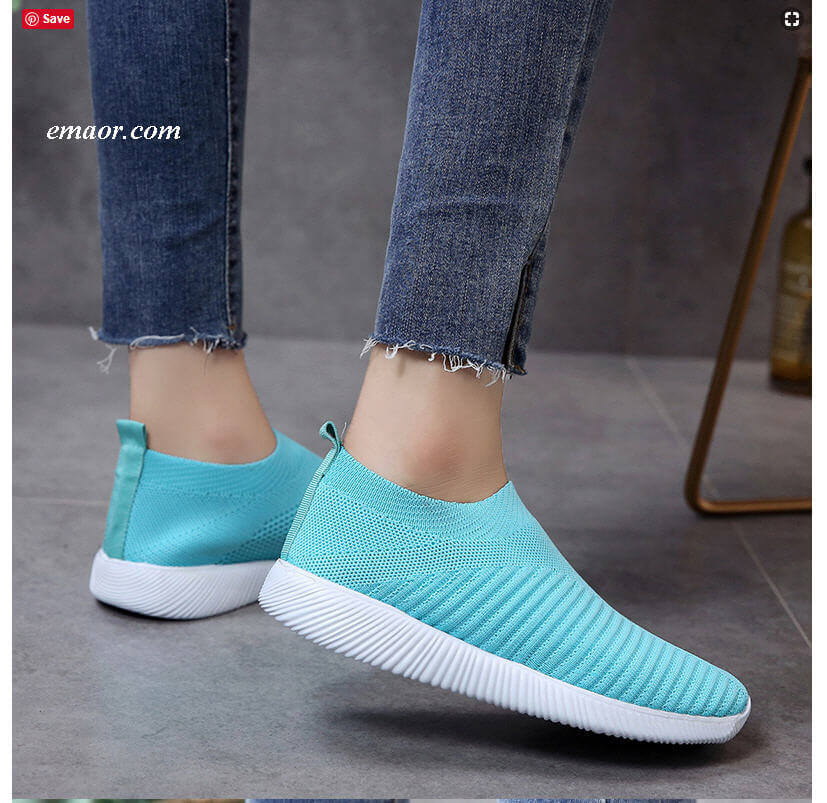Shoes for People with Flat Feet Rimocy Breathable Air Mesh Flat Heels Sneakers Women's Casual Slip on Stretch Knitted Sock Platform Shoes Woman's Flats Shoes for People with Flat Feet