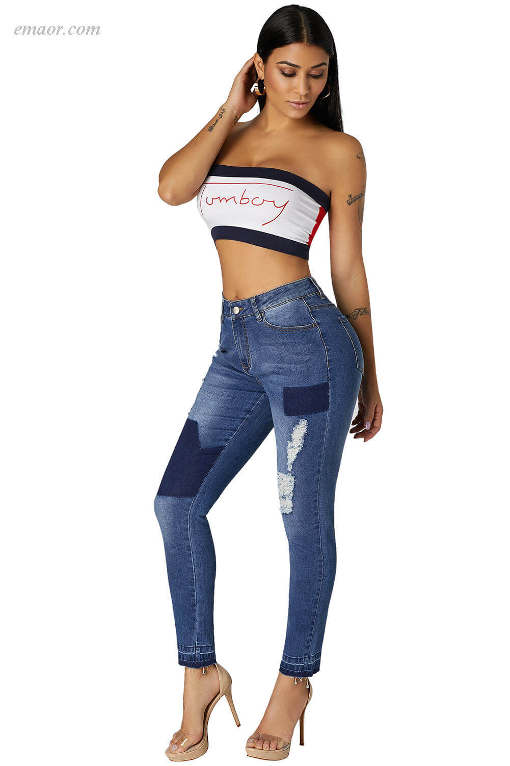 Hot Women‘s Dividual Patched Ripped Skinny Jeans Online 