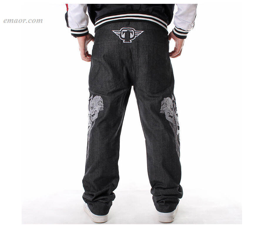 HIPHOP Jeans Men's Embroidery Skull Straight Loose Casual Skate Pants ...