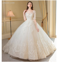 Best O- Neck Wedding Dress Luxury Lace Half Sleeve Lace Up Princess Wedding Gowns