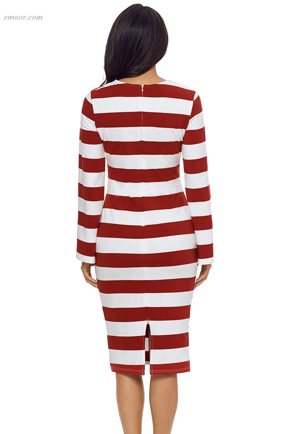 Hot Burgundy Striped Ruffle Side Back Slit Long Sleeve Midi Dress on Sale
