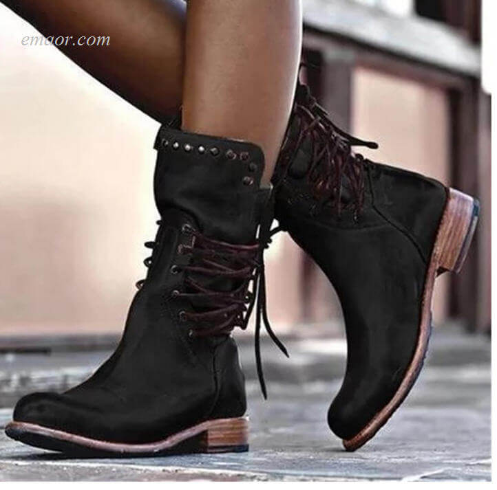 Female Harley Boots Female Shoes Block Motorcycle Booties Plus Size Shoes Leather Shoes Low Heel Mid Calf Boots Female Hunting Boots