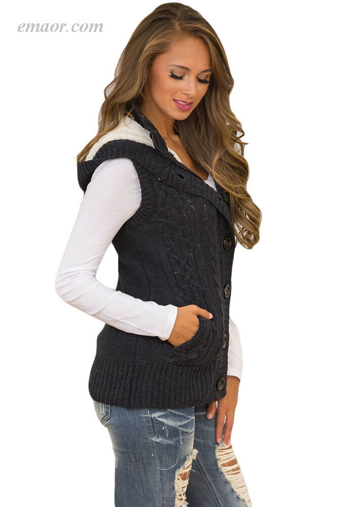 Women's Heated Types of Outerwear Heather Grey Cable Knit Hooded Sweater Vest