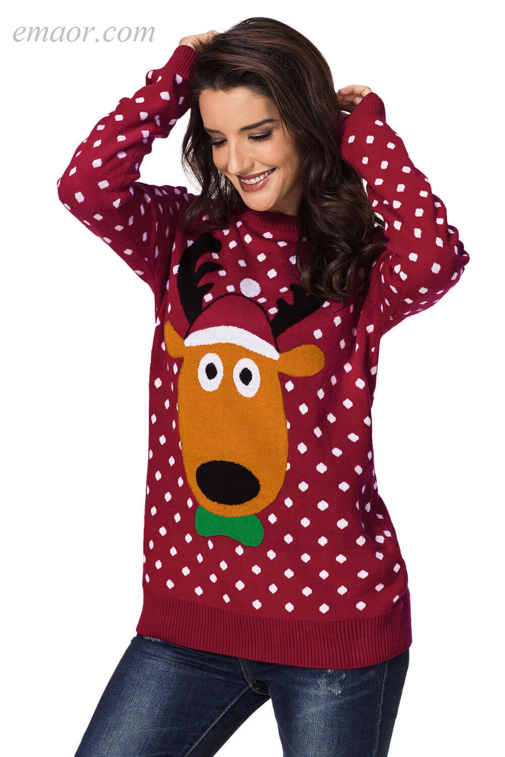 Sweater Christmas for Women Reindeer Red Christmas Spring Outerwear Women's Round Collar Outerwear Sweater